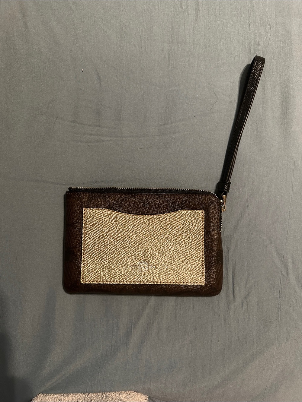 Coach Brown Leather Wristlet with Cream Canvas Front Pocket